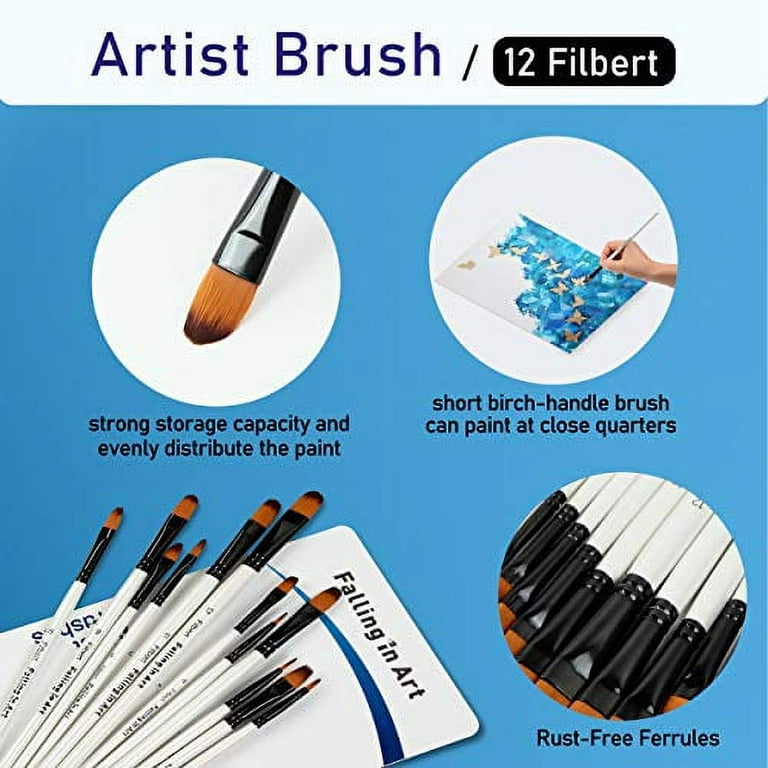 Falling in Art Paint Brushes Set, 12 Pcs Nylon Professional Filbert Paint Brushes for Watercolor, Oil Painting, Acrylic, Face