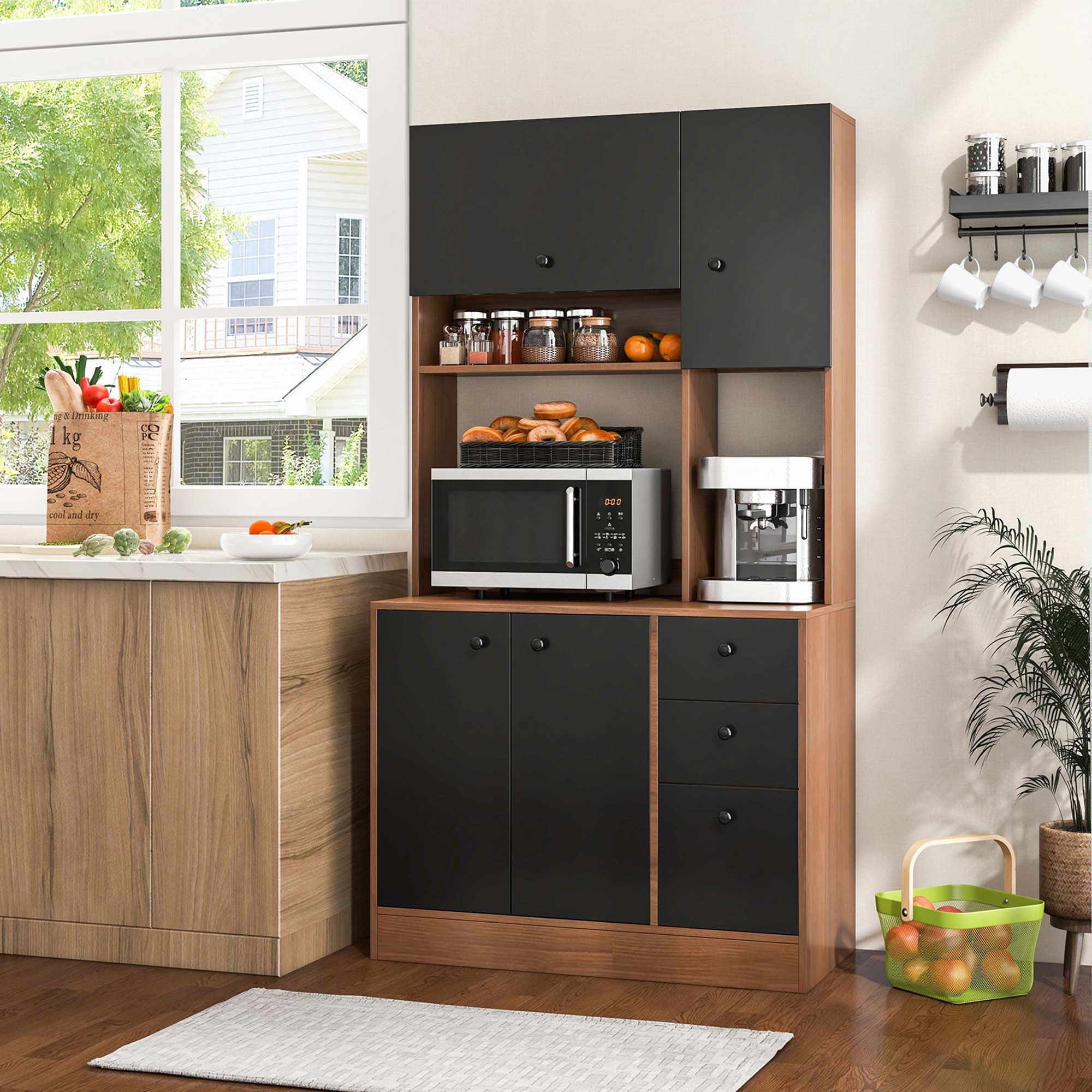 Costway 71'' Tall Kitchen Pantry Buffet Hutch Freestanding Storage Cabinet 4 Doors Walnut