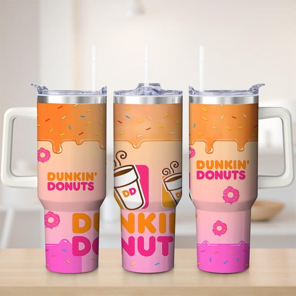 Dunkin' Donuts Orange and Pink Sprinkle Stainless Steel Insulated Mug with Lid and Handle, 30oz
