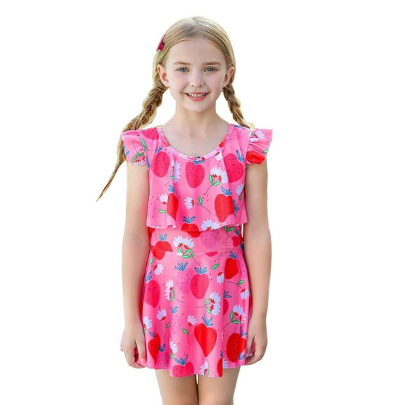 ibiyuan One Piece Swimsuits for Girls Girls' Swimwear Tankini Teen Bathing Suit Adjustable Straps Hawaiian Bikini Set with Belt Ribbed Swimwear with Cover Up Skirt,Hot Pink-E