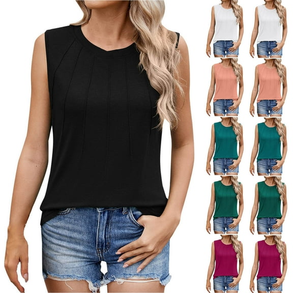 Horkkom Tank Top for Women Casual Loose Crew Neck Long Tank Tops Summer Solid Color Soft Sleeveless Tops