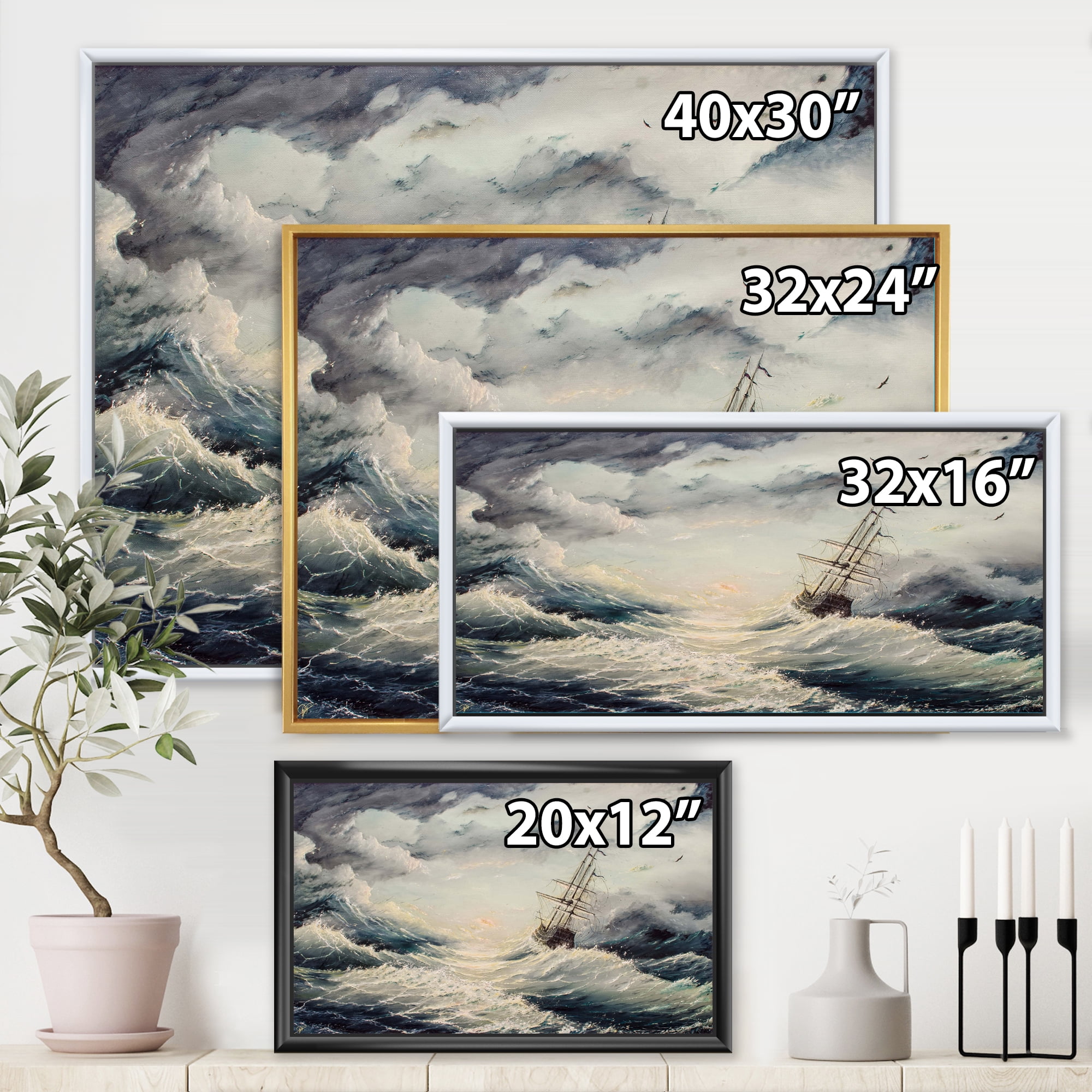 Designart 'Ship Struggles With The Sea Storm' Nautical & Coastal Framed Canvas Wall Art Print