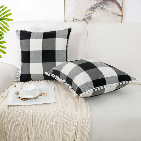 PiccoCasa 18"x18" Decorative Cushion Covers Pompoms Plaid Throw Pillow Covers Set of 2, Black Beige White