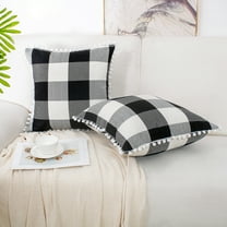 PiccoCasa 18"x18" Decorative Cushion Covers Pompoms Plaid Throw Pillow Covers Set of 2, Black Beige White
