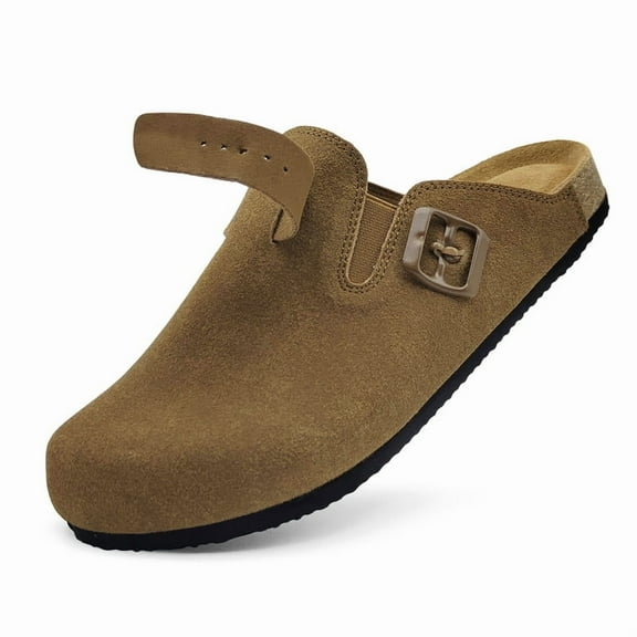 Womens Suede Clogs Leather Mules Cork Footbed Sandals with Arch Support Slip-on Slippers Indoor Outdoor Fashion Sandals Classic Adjustable Buckle