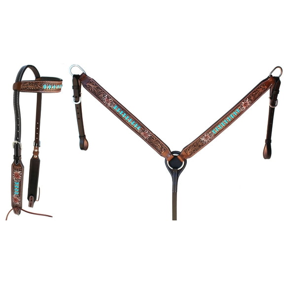 Horse Floral Tooled Turquoise Laced One Ear Bridle & Breast Collar Set 78FK30A