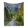 thumbnail image 1 of Woodland Soft Flannel Fleece Blanket, Mountain Landscape Road Cloudy Sky Pine Trees Forest Summer Rainy Day Scene, Cozy Plush for Indoor and Outdoor Use, 50" x 60", Green Grey Brown, by Ambesonne, 1 of 6