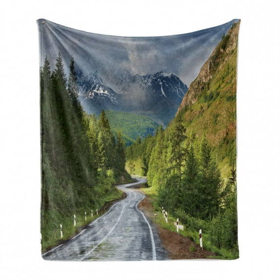 Woodland Soft Flannel Fleece Blanket, Mountain Landscape Road Cloudy Sky Pine Trees Forest Summer Rainy Day Scene, Cozy Plush for Indoor and Outdoor Use, 50" x 60", Green Grey Brown, by Ambesonne