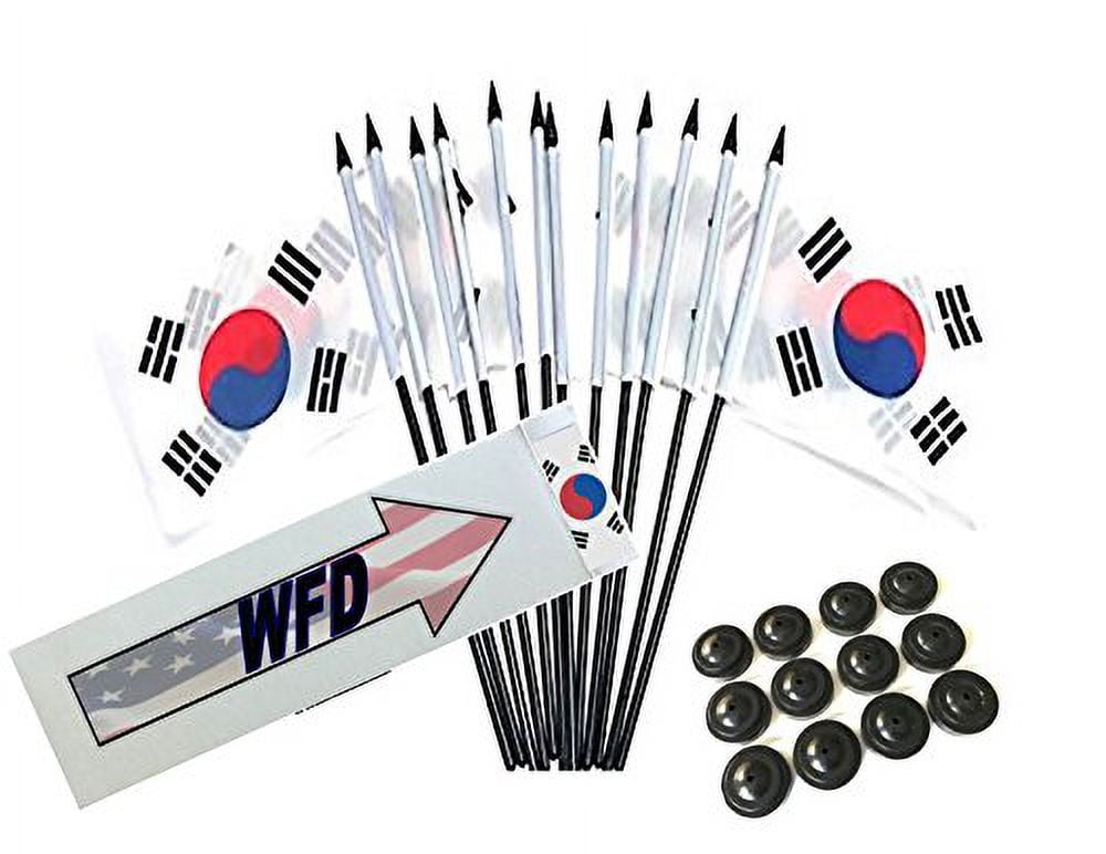 Box of 12 South Korea 4"x6" Polyester Miniature Office Desk & Little Table Flags, 4x6 South Korean Small Mini Hand Waving Stick Flags with 12 Flag Bases (Stands)