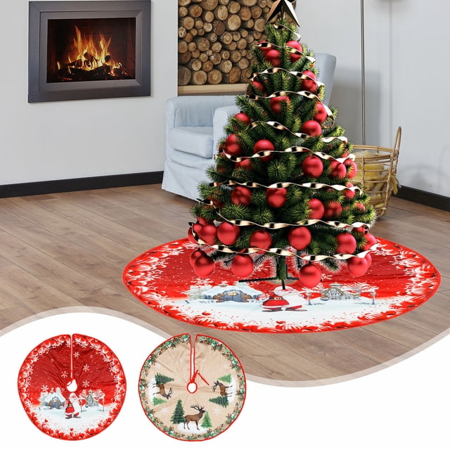 Xihbxyly Falda para Árbol de Navidad, Temática de Papá Noel y Renos, Color Rojo y Verde, Decoración Festiva, Fácil de Instalar y Guardar, Ideal para Árboles de 120 Cm (47 Pulgadas), Tamaño de 120 Cm