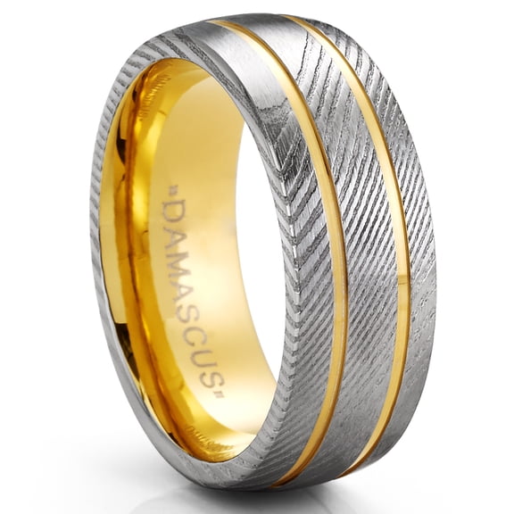 Metal Masters Mens Gold Plated Damascus Steel Grooved Wedding Band Engagement Ring Comfort-Fit 8mm