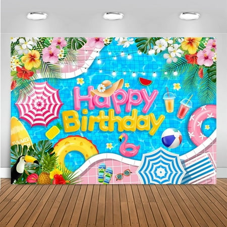 Summer Pool Birthday Party Backdrop Swimming for Happy Birthday Party Decorations Floral Lifebuoy Fruit Water Flamingo Photography Background (Blue)