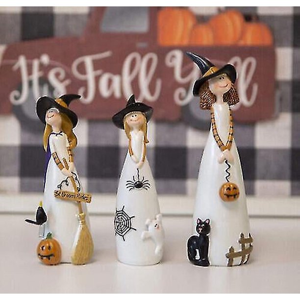 Figuras decorativas de brujas de Halloween, sombreros de brujas clásicos, gatos y calabazas