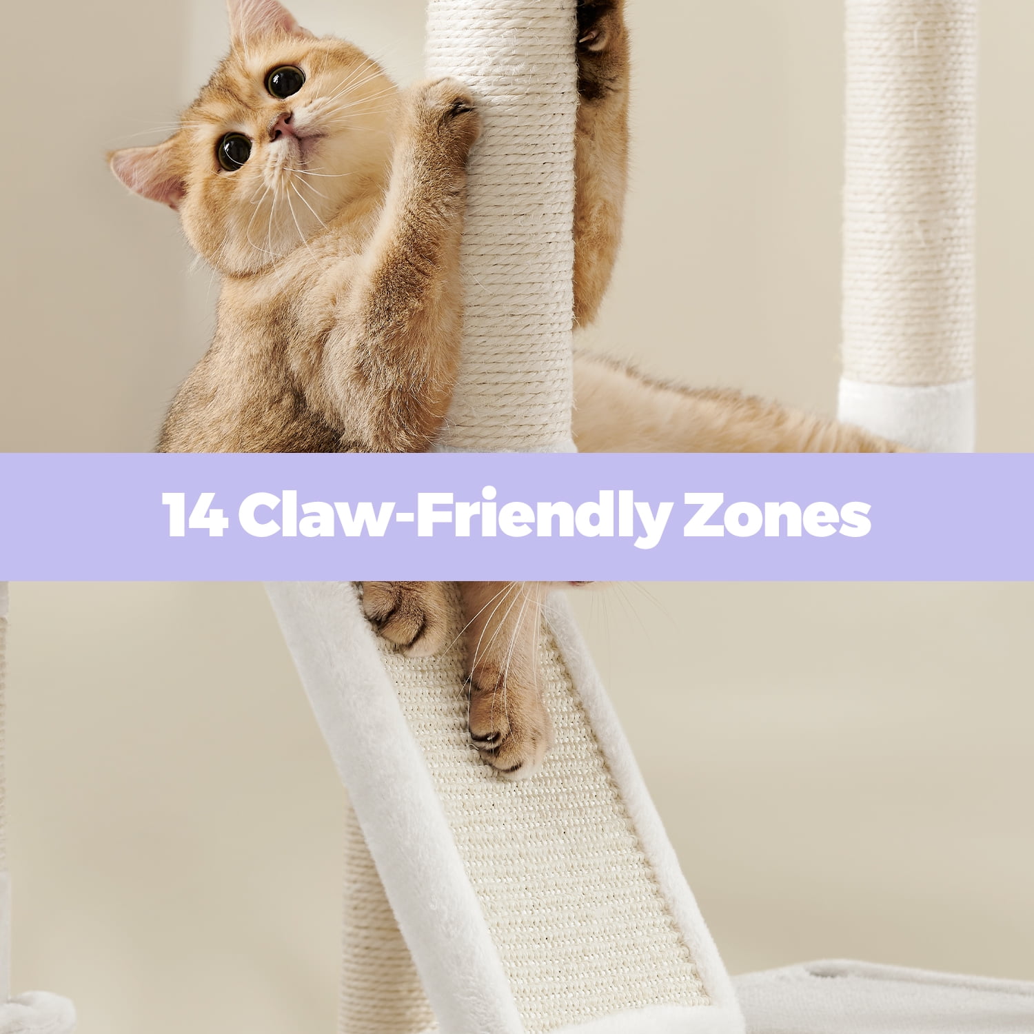 LEDREM 81.1-Inch Multi-Level Cat Tree with 13 Scratching Posts & Hammock - Large Cat Tower with 2 Perches & Caves, Cream White