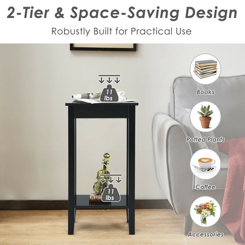 Finihen End Side Table, Sofa Side Table, Bed Side Table, 2-Tier Nightstand End Side Wooden Legs Table, for Living Room, Bedroom, Black