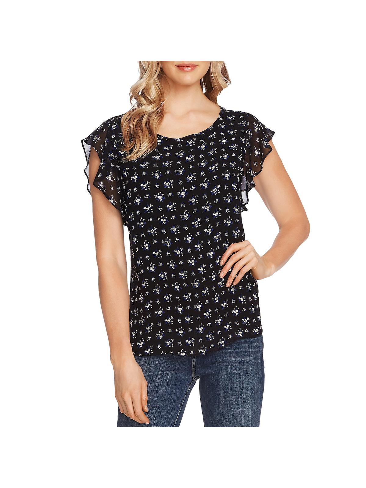 Vince Camuto Womens Printed High-Low Blouse Rich Black, XS