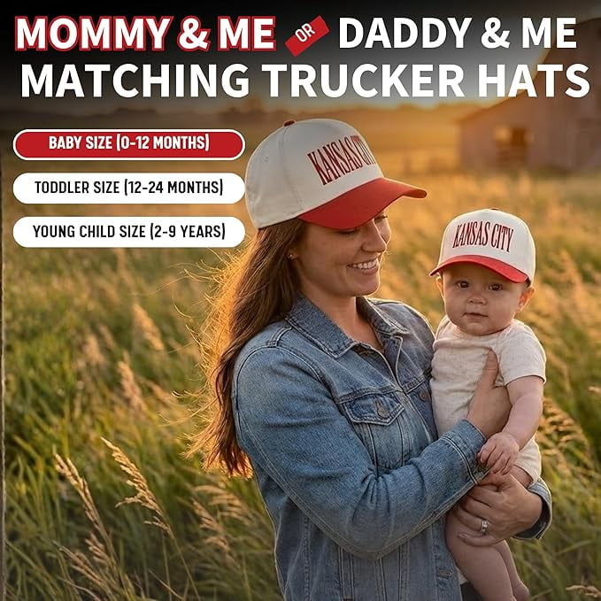 Funky Junque Matching Family Trucker Hat Set - Vintage Two-Tone Daddy & Me, Mommy & Me Snapback Baseball Caps - Kansas City - Red/Beige - Adult/Kids (2-9 Years)