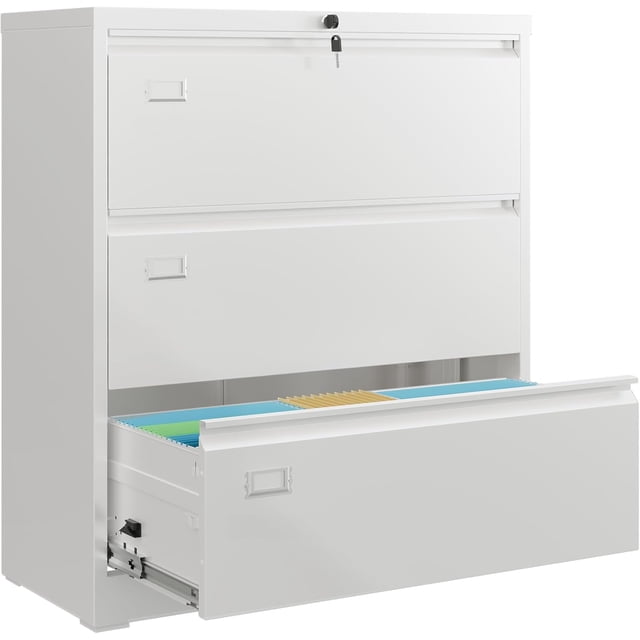 Metal Lateral File Cabinet with Lock, 3 Drawer Filing Cabinet with Business Card Holder, Suitable for Home Office School Hanging Files Letter/Legal/F4/A4 Size, White