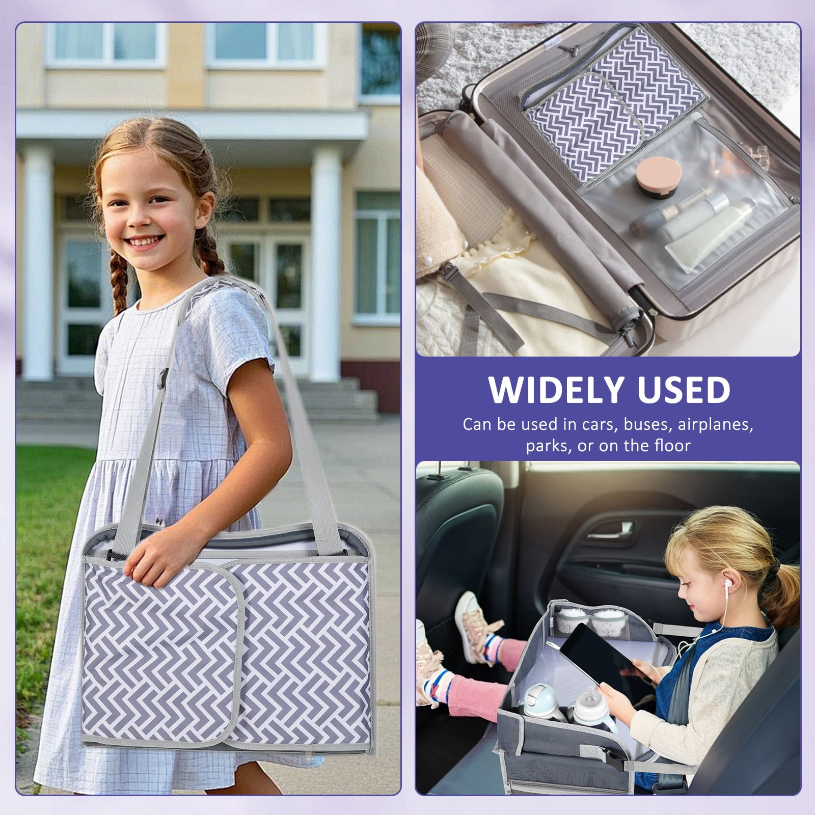 Kids Travel Tray Toddler Car Seat Lap Tray Road Trip Essentials Activity Table No-Drop Tablet Holder & Borders (All Grey)