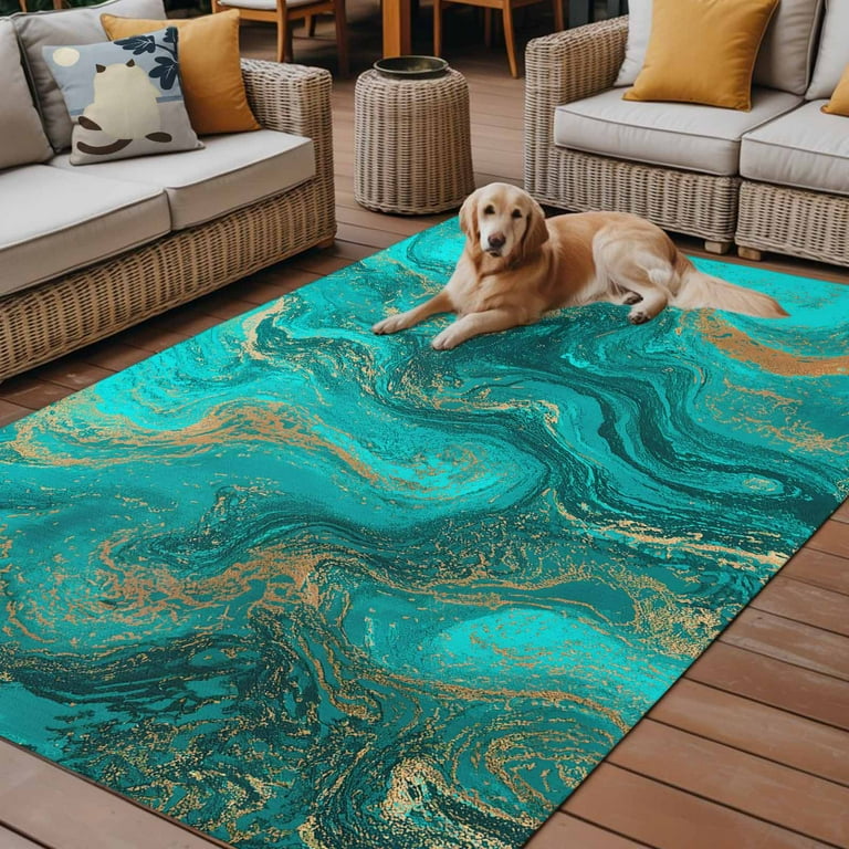 Fsddascl Turquoise Marble Outdoor Rug for Patio/Deck/Porch, Non