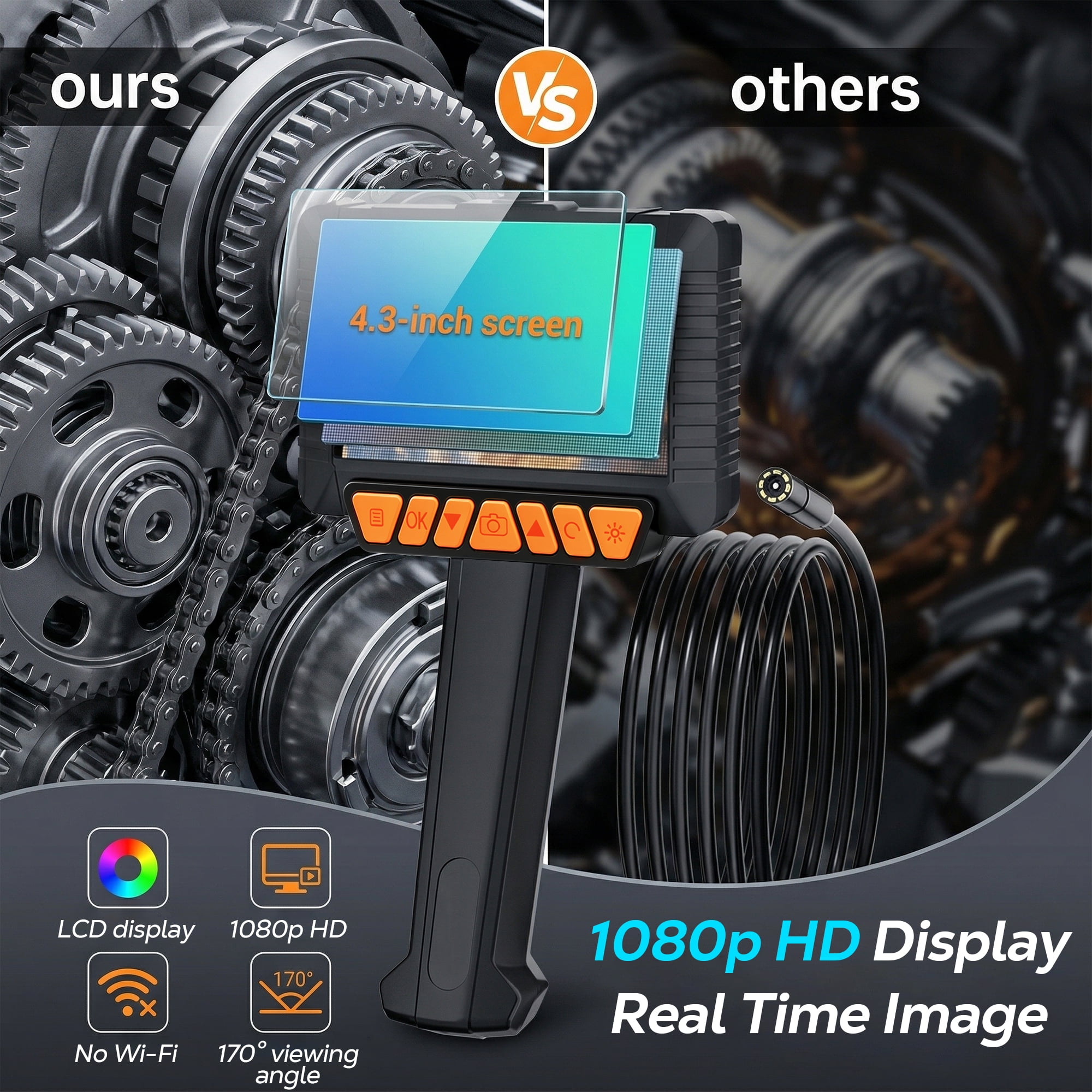 FLORAY 4.3" Borescope Inspection Camera with Light, 1080P HD Endoscope Snake Camera, 16.5 ft Semi-Rigid Cable, IP67 Waterproof, 2600mAh Rechargeable Battery, Photo Capture Function