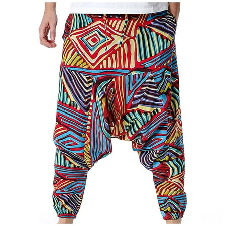Fankiway Men'S Hippie Pants Baggy Boho Trousers Linen Drawstring Harem ...