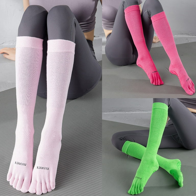 GENEMA Women Yoga Knee High Non-Slip Socks Bright Solid Color Five Finger  Long Calf Stockings with Non Skid Silicone Grips for Barre Pilates Dance  Fitness 