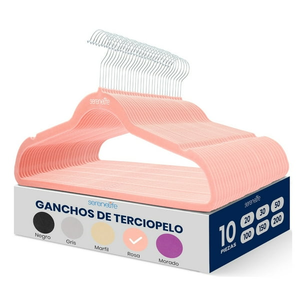 Ganchos de Terciopelo Premium Serenelife, Ahorradores de Espacio, Resistentes, con Gancho Metálico Giratorio de 360°, para Trajes, Pantalones y Vestidos, Rosa, Pack 10