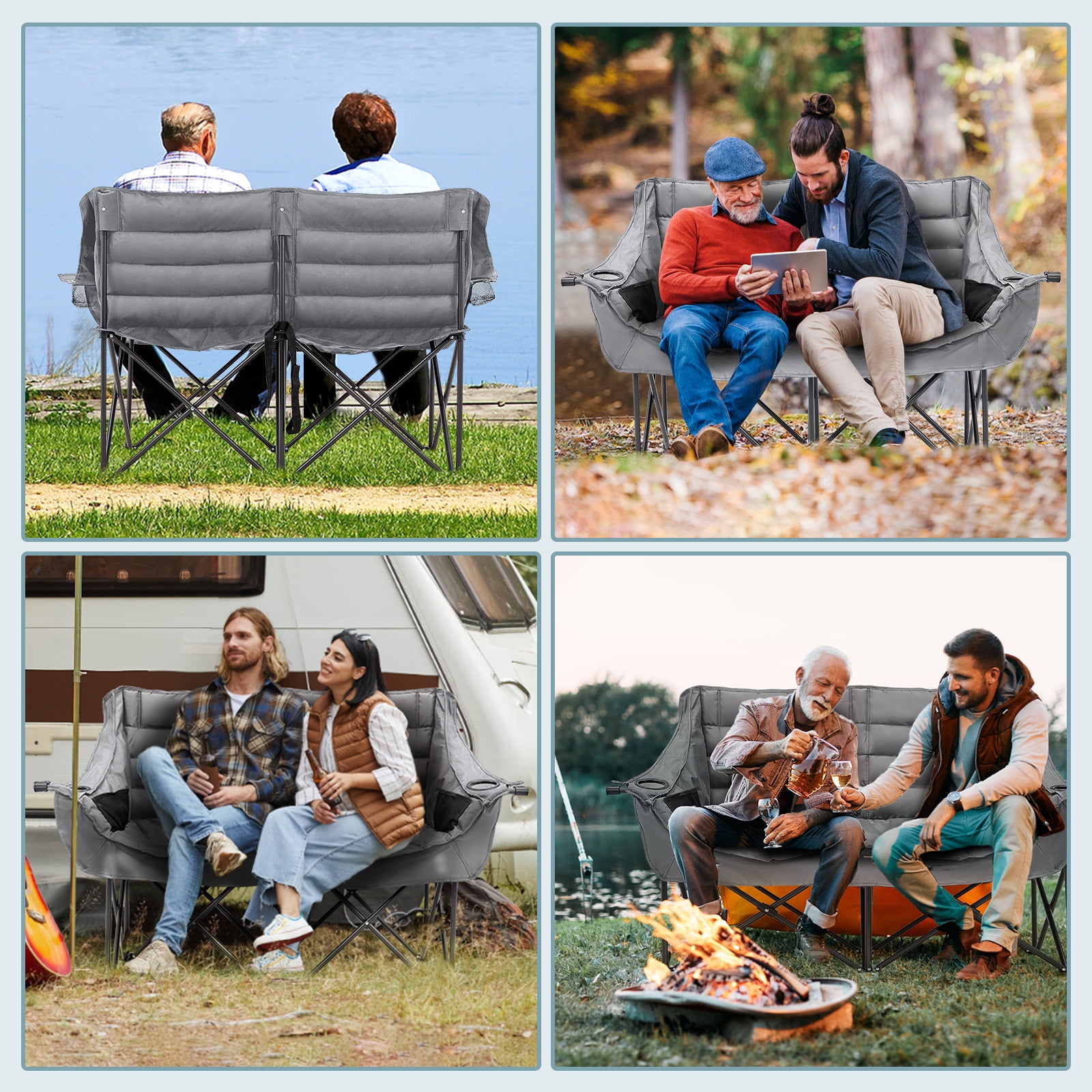Slsy XXXL Oversized 2 Person Fully Padded Camping Chair, Folding Loveseat Camping Couch Double Camping Chairs Heavy Duty Portable Lawn Chair Patio Chair, Supports 990 LBS
