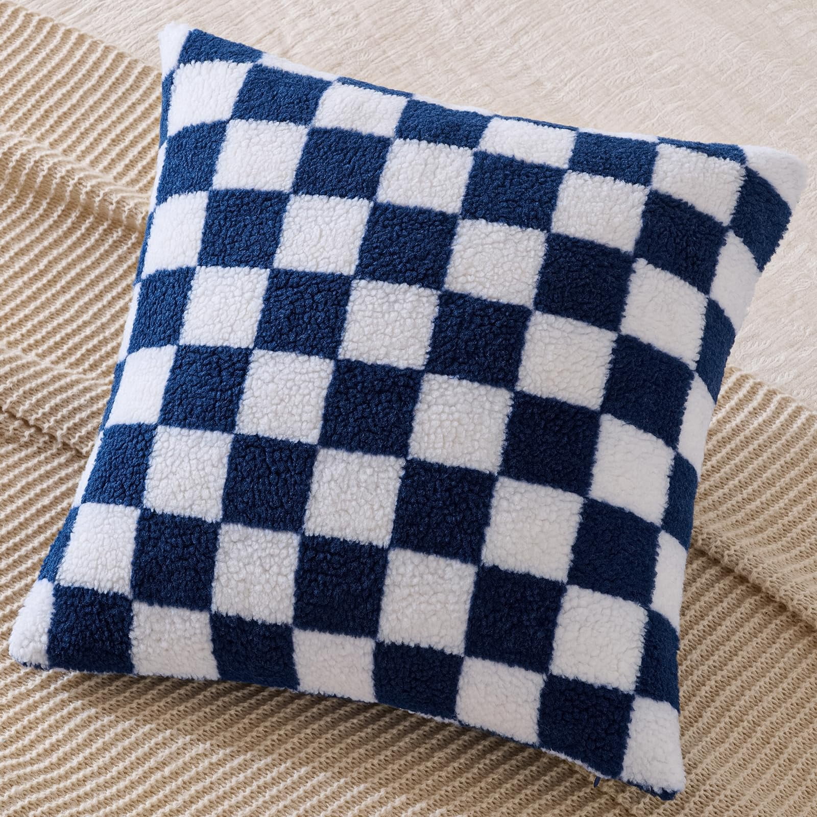 Lanola Pack of 2 Decorative Throw Pillow Covers Checkerboard Luxury Super Soft Faux Fur Wool Set Case Cushion for Couch Sofa Bedroom 18 x 18-Inch Camel