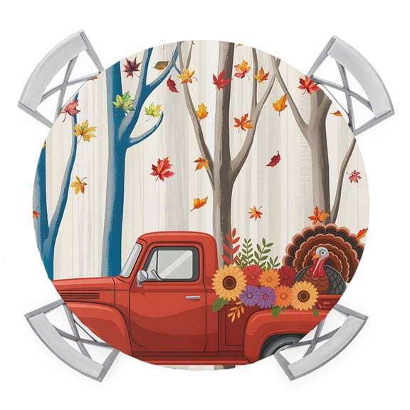 Fall Red Truck Round Tablecloth for 36-44 Inch Tables,Fitted Table Cover with Elastic Edge,Thanksgiving Pumpkin Maple Leaf Turkey Waterproof Outdoor Table Cloth Protector for Patio Garden Dinner