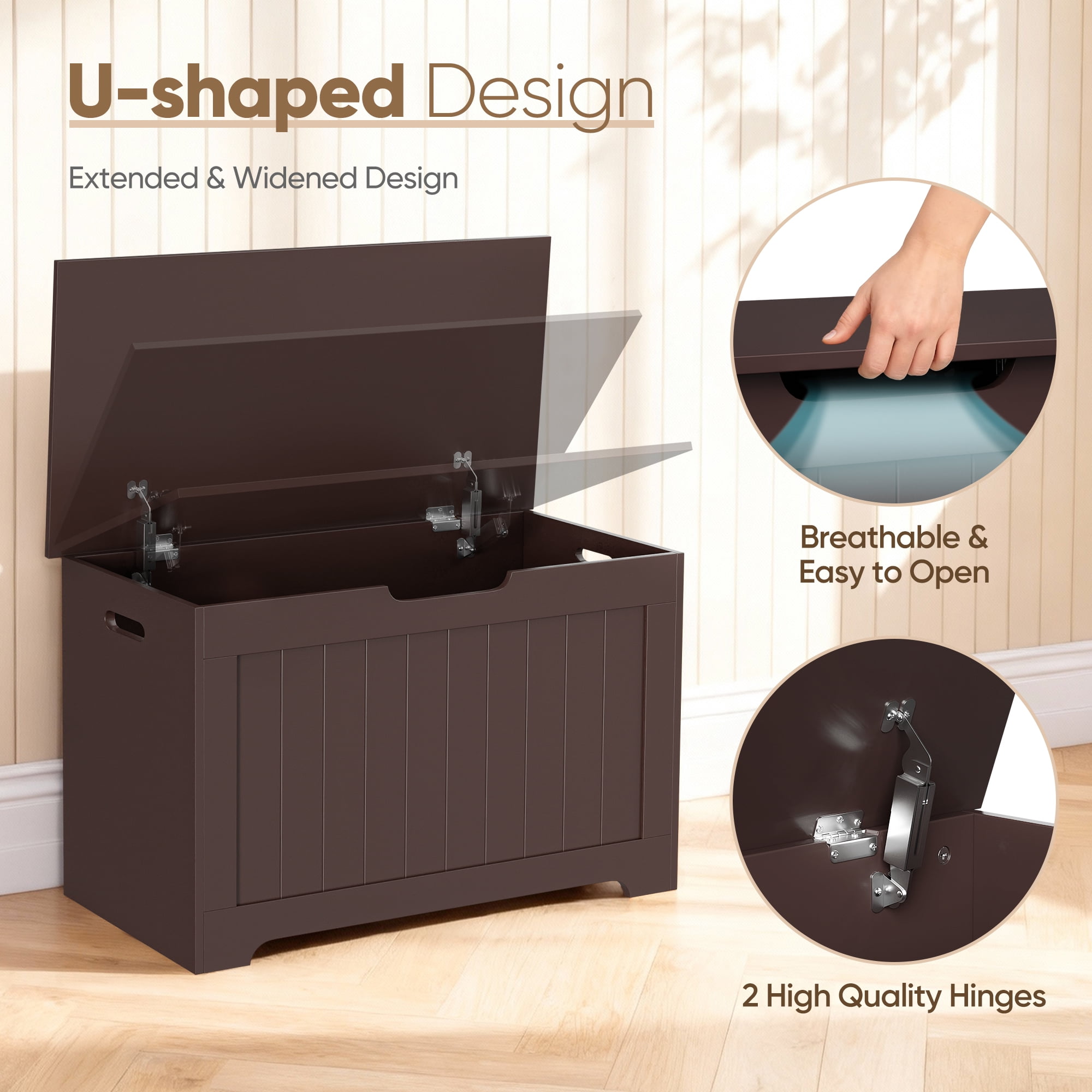 SuperDeal 30-Inch Lift Top Storage Chest Wooden Home Organizer Bench with Safety Hinged Lid Large MDF Toy Box Entryway Bedroom Living Room, Brown