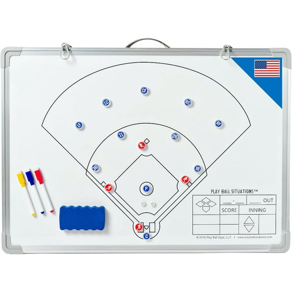 Play Ball Situations Baseball Softball Situation Board for Coaches – 2-Sided, Magnetic, Dry Erase Whiteboard Training Tool – Includes Dry Erase Markers, Eraser, Position, Ball and Runner Magnets