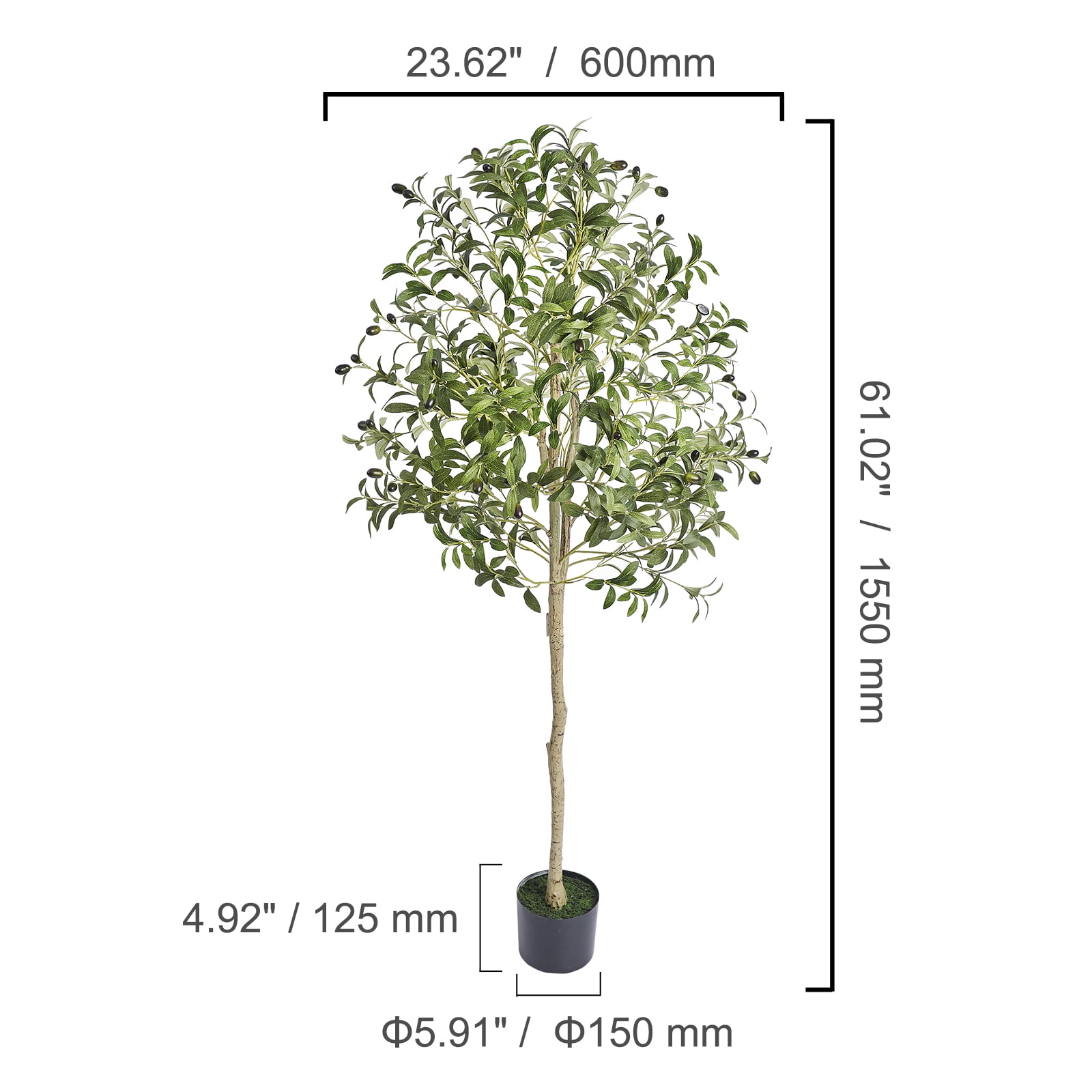 KFFKFF 5FT Artificial Olive Tree, Pre-assembled Faux Olive Tree in Black Plastic Pot, Indoor Fake Potted Tree with Natural Wood Trunk and Lifelike Fruits, Artificial Plants for Home Office Decor
