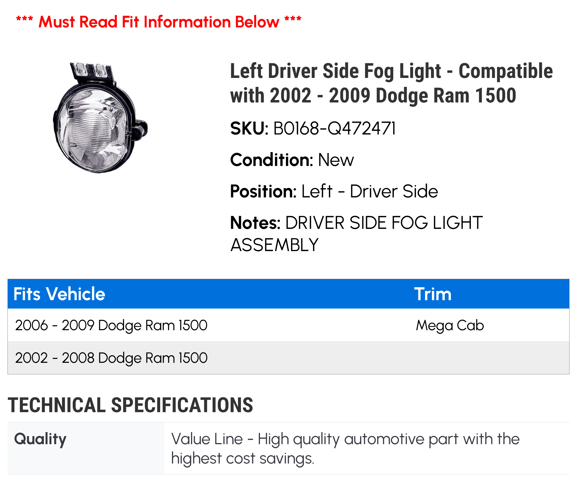 Left Driver Side Fog Light - Compatible with 2002 - 2009 Dodge Ram 1500 2003 2004 2005 2006 2007 2008
