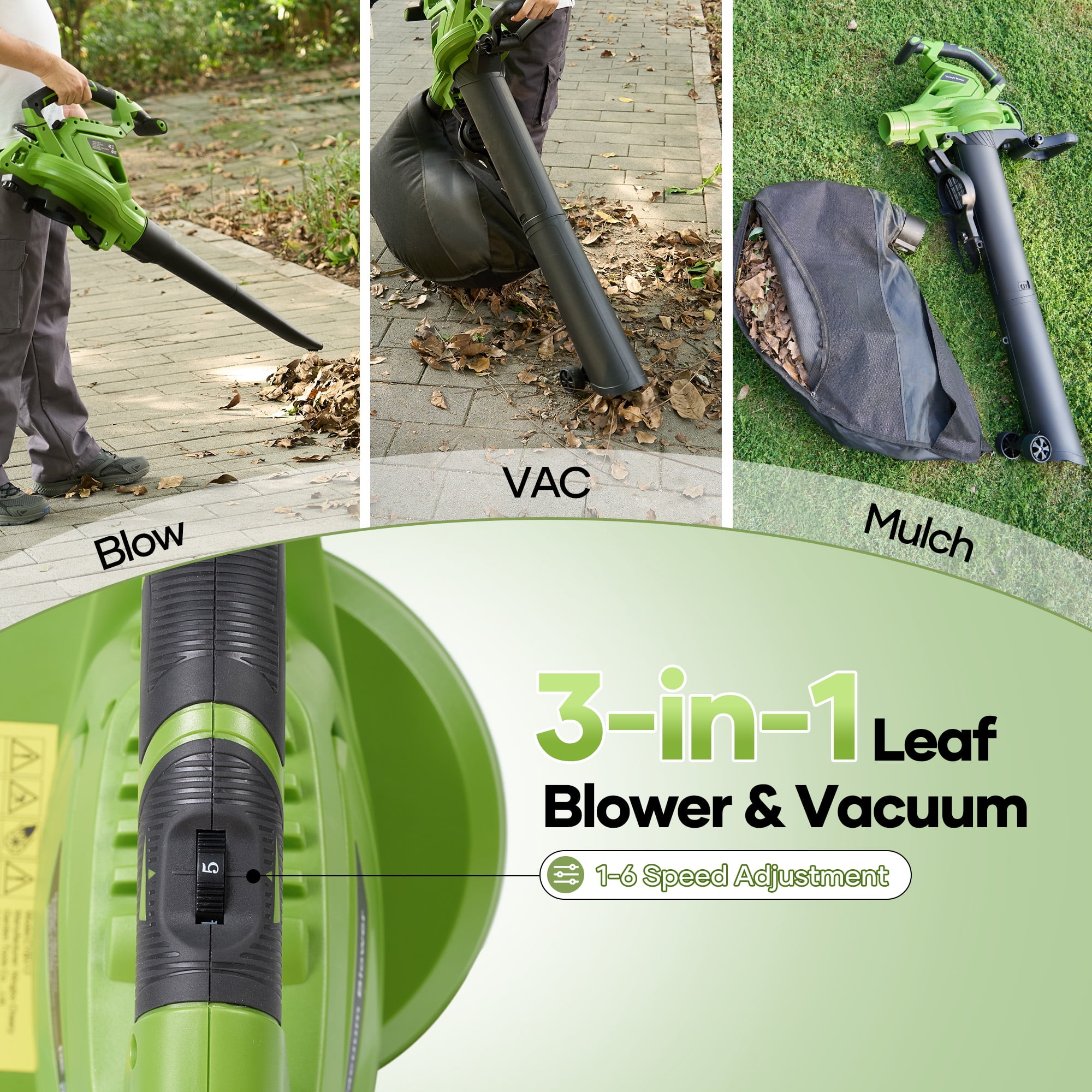 GASKY 120V 12Amp Corded 3 in 1 Leaf Blower/Vacuum/Mulcher, 495CFM/199MPH, 6 Speeds Outdoor Vacuum Cleaner Electric Leaf Blowers for Lawn Care, Lightweight, Green