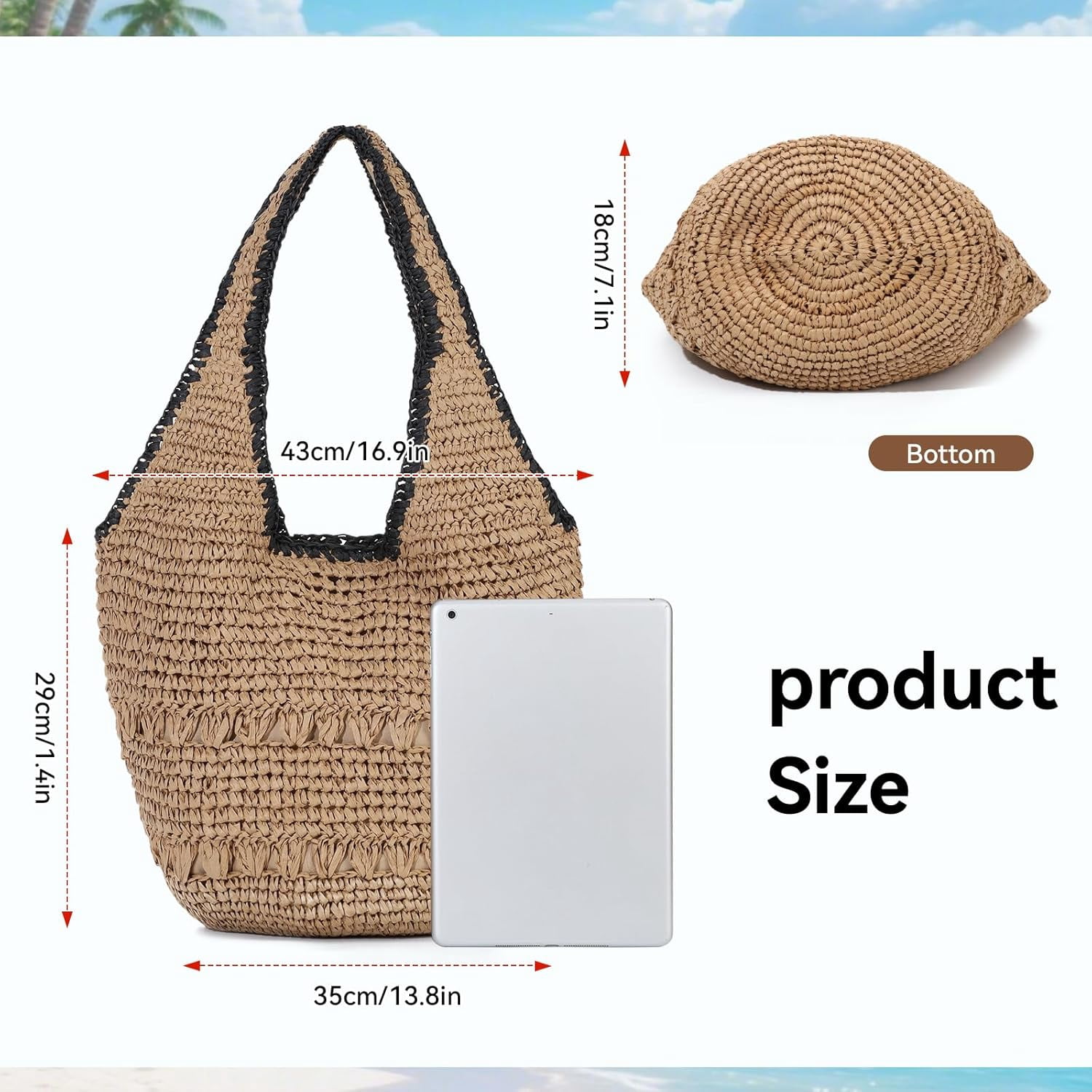 Beach Bags for Women Woven Summer Purses 2026 | Crochet Straw Bags, 13.8" Large Capacity, Tote with Magnetic/Zipper, Boho Handbag, Spring Summer, Vacation Purse