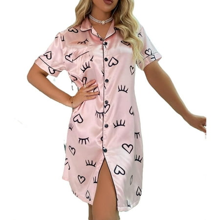 

Collar Cute Heart Sleepshirts Baby Pink Short Sleeve Women Nightgowns & Sleepshirts