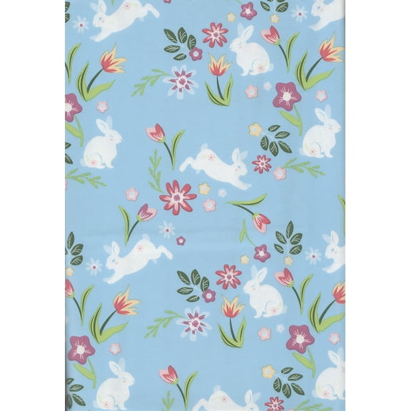 Easter Bunny & Floral Tablecloth – Blue PEVA Vinyl, Waterproof, Easy Clean, 60" Round