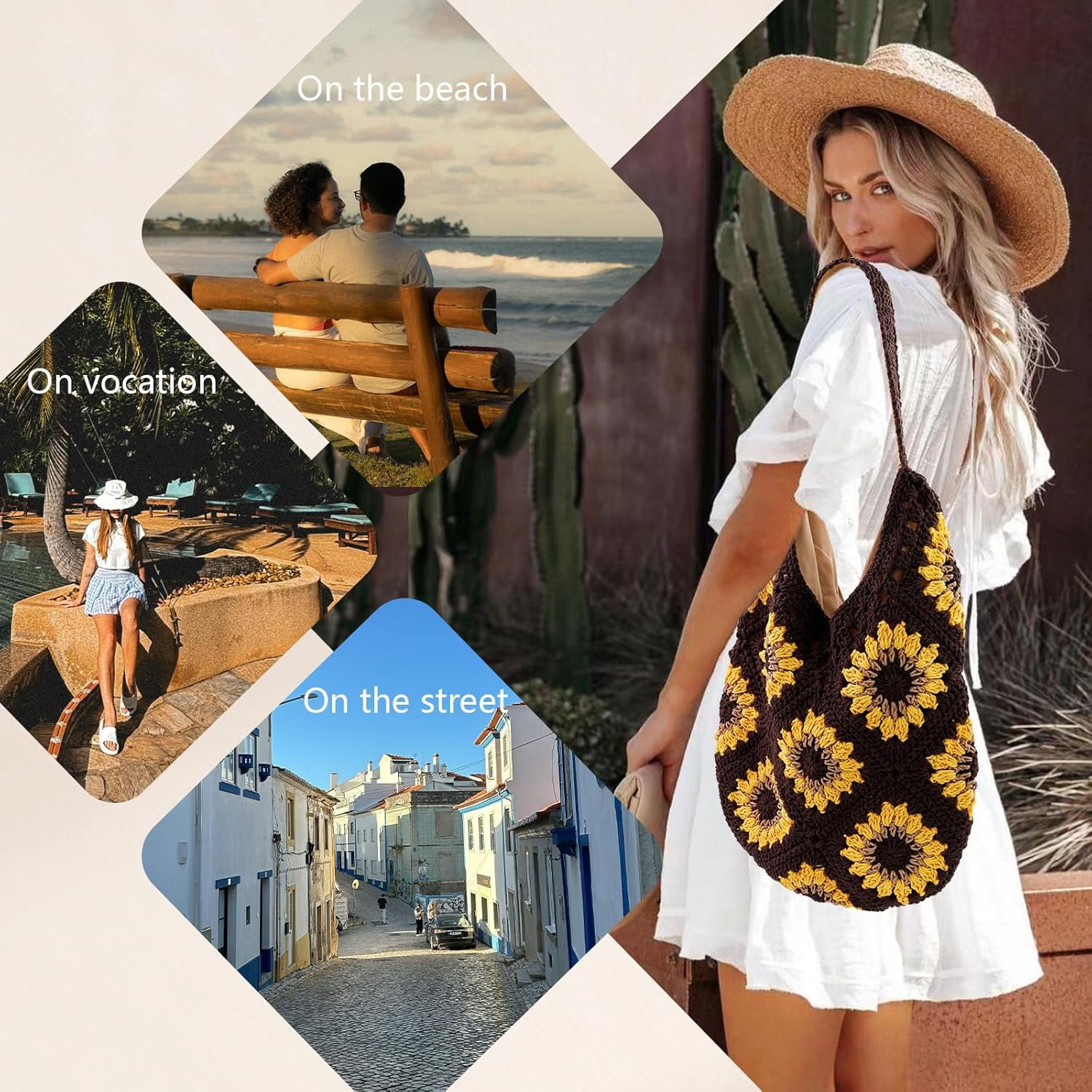 Crochet Beach Tote Bag for Women Summer Knitted Shoulder Bag Cute Beach Bag Mesh Tote Bag for Vocation