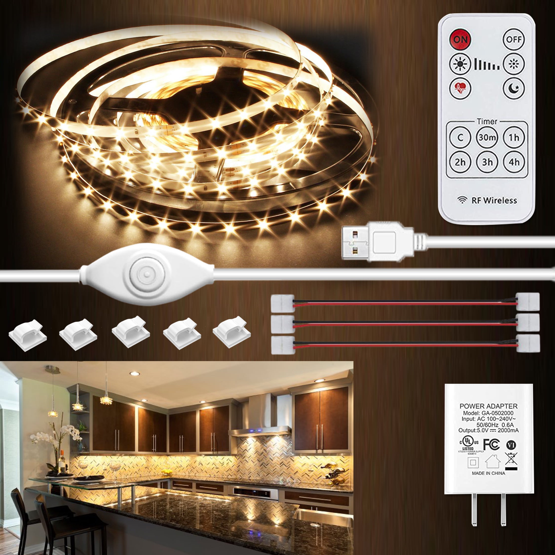 6500K White Under Cabinet Lights Flexible 6 PCS LED Strip Lights with Remote Control Dimmer and UL Power Adapter Under Cabinet Lighting,,for Showcase,Kitchen,Desk,Shelf,Cupboard 9.8ft 