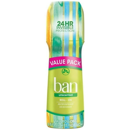 Ban Invisible Roll-On Antiperspirant Deodorant, Men & Women, Original Unscented, 3.5 oz, 2 Pack