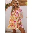 thumbnail image 2 of ABPHQTO Vestido floral escalonado de manga hinchada con cuello cuadrado amarillo para mujer, 2 of 5