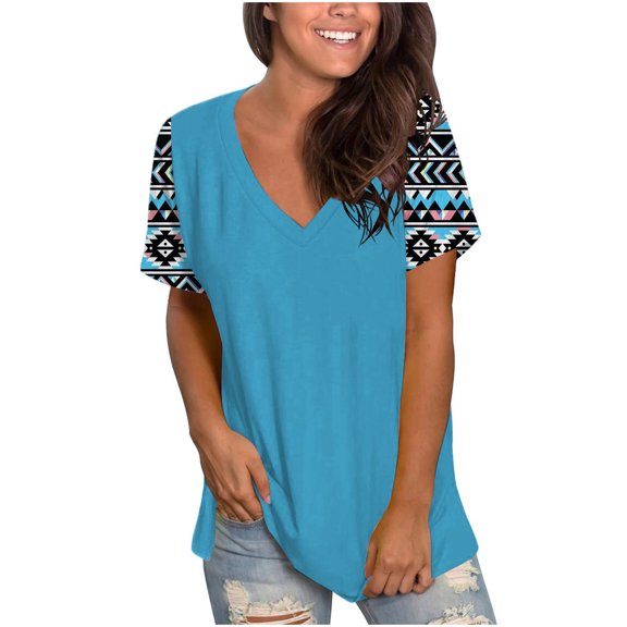 USSUMA Womens Tops Dressy Casual Women Summer Tops Casual V Neck Western Ethnic Style Print Short Sleeve Shirt Vintage Aztec Ethnic Tops