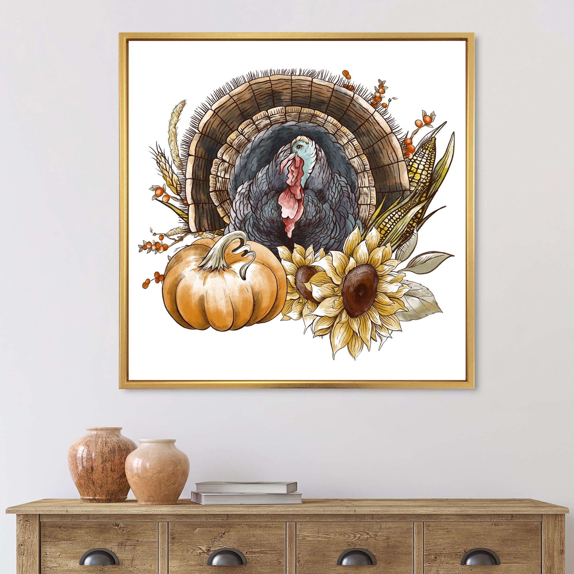Designart 'Thanksgiving Vintage Turkey Pumpkin and Sunflowers ' Farmhouse Framed Canvas Wall Art Print