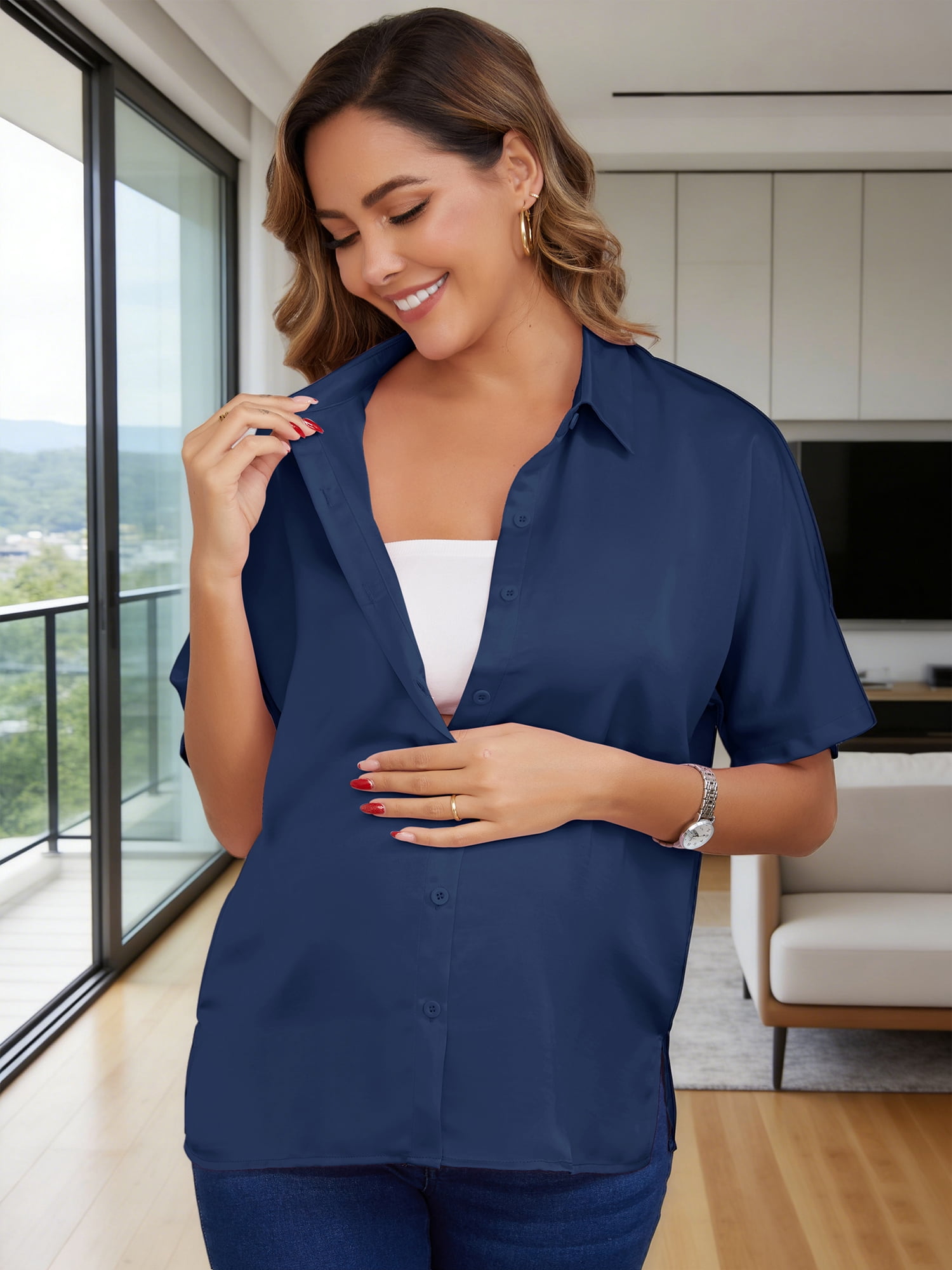 DARING DIVA Women's Maternity Button Down Collared Short Sleeve Satin Tops 2XL Navy