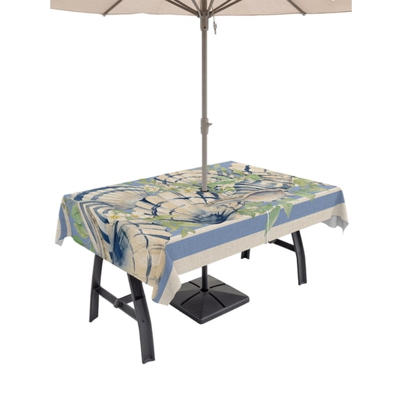 Outdoor Tablecloth with Umbrella Hole for Patio/Picnic/Party/Camping, Summer Blue Conch Waterproof Table Cloth Rectangle Table Cover Washable, Vintage Beach Coastal Leaves Floral (60"x 120")