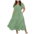 thumbnail image 4 of Women Plus Size V Neck Soild Color Elegant Ruffled Sleeves Casual Pleated Skirt Casual Dress Petite Summer Dresses Womens Dresses for Summer Cute Women's Summer Dresses Little Dress for Women Women, 4 of 4
