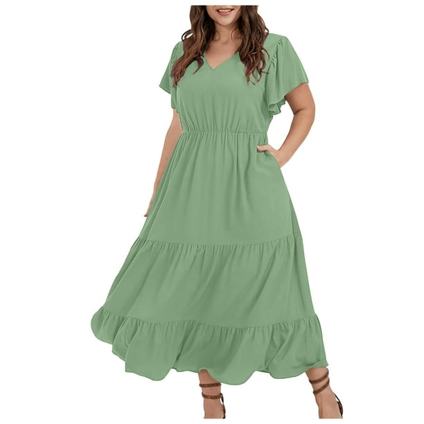 Vestido informal de talla grande para mujer con cuello en V, color liso, mangas con volantes y pliegues - Poliéster, moda de verano