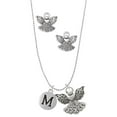 thumbnail image 1 of Delight Jewelry Silvertone Capital Letter - M - Pebble Disc - Silver tone Guardian Angel Charm Necklace and Stud Earrings, 1 of 4